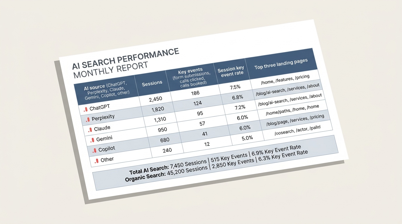 a labeled one-page monthly report table showing AI sources, sessions, key events, event rates, and top landing pages